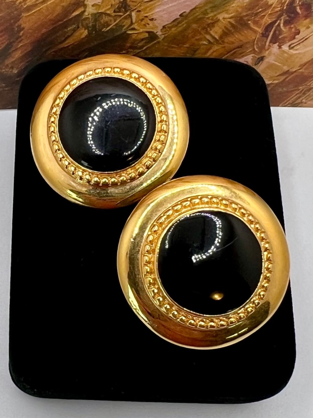 St. John Round Gold and Black Lucite CLIP Earrings